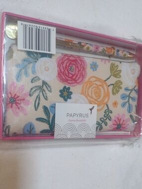 Papyrus Floral Embroidered Pouch & Floral Pen - Pink, Peach, Blue, Green